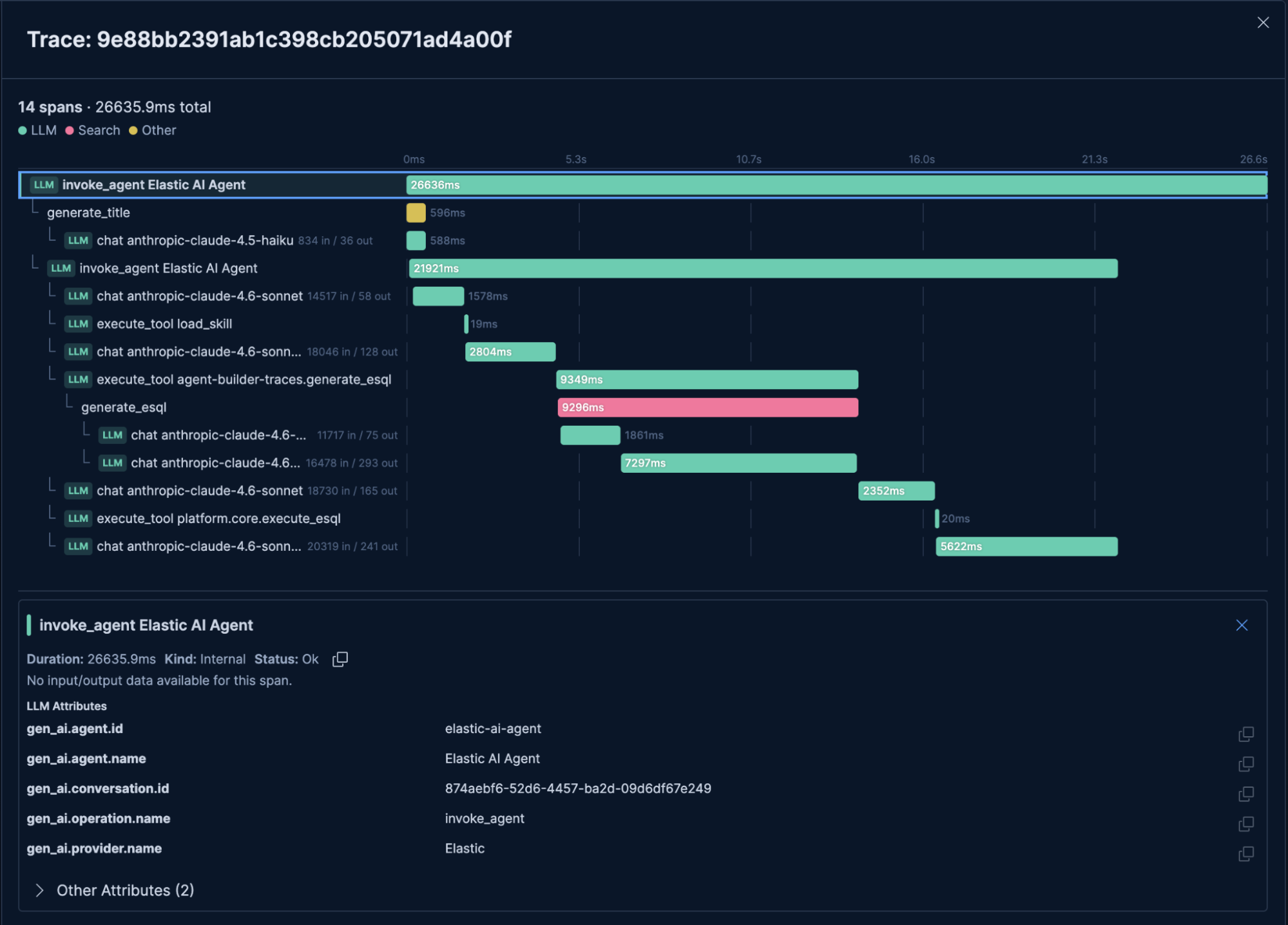 Waterfall view of an Agent Builder OTel trace showing span hierarchy, LLM call durations, and tool executions
