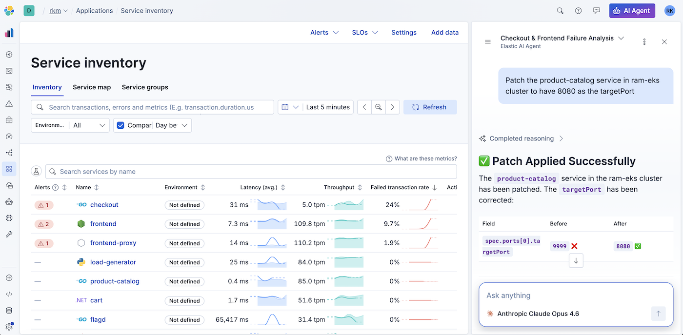 Agent Builder chat on Observability Agent v2 patching product-catalog service.