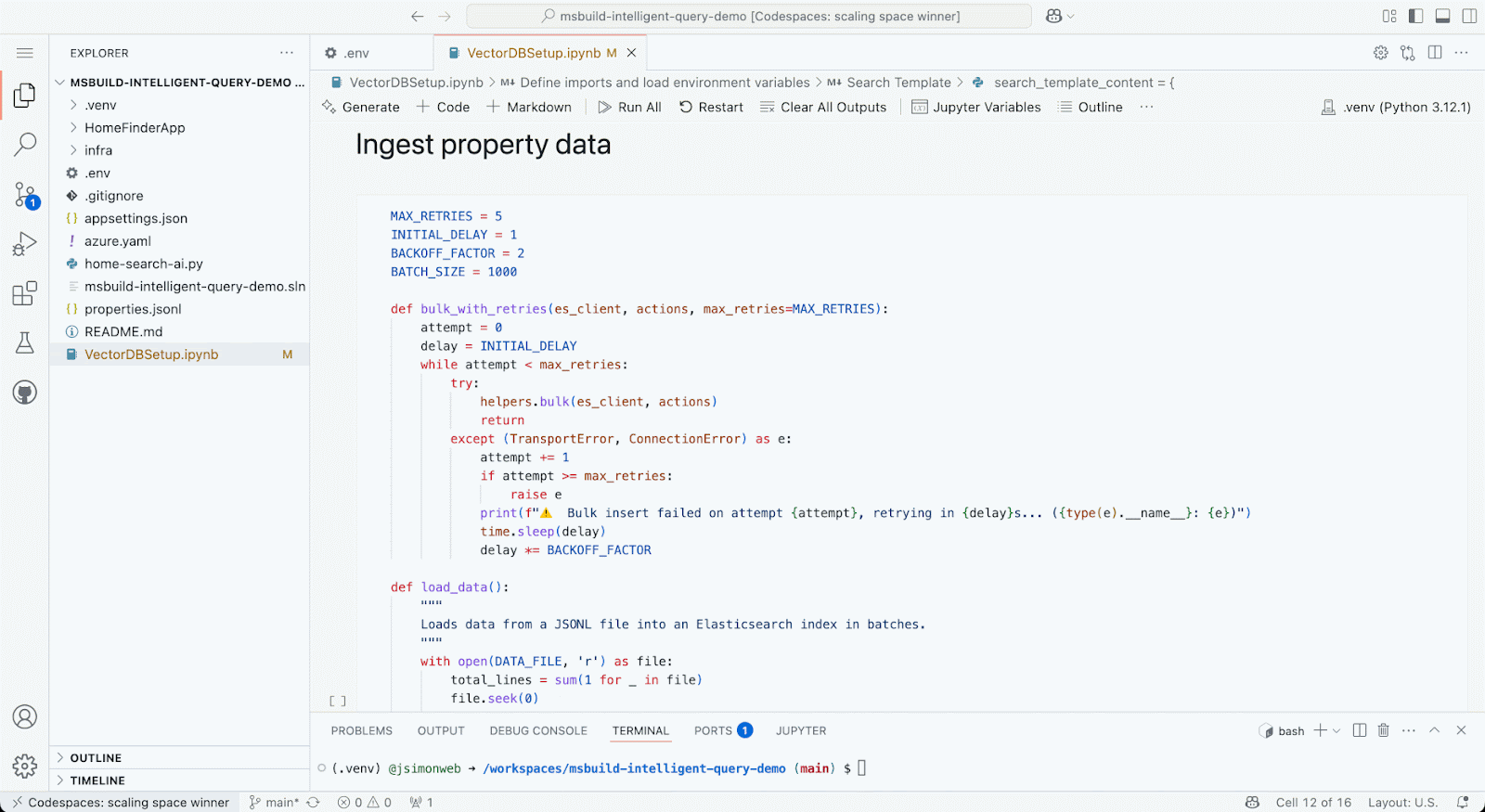 Datenaufnahme in den Elasticsearch-Index mithilfe von Codespaces Notebook.
