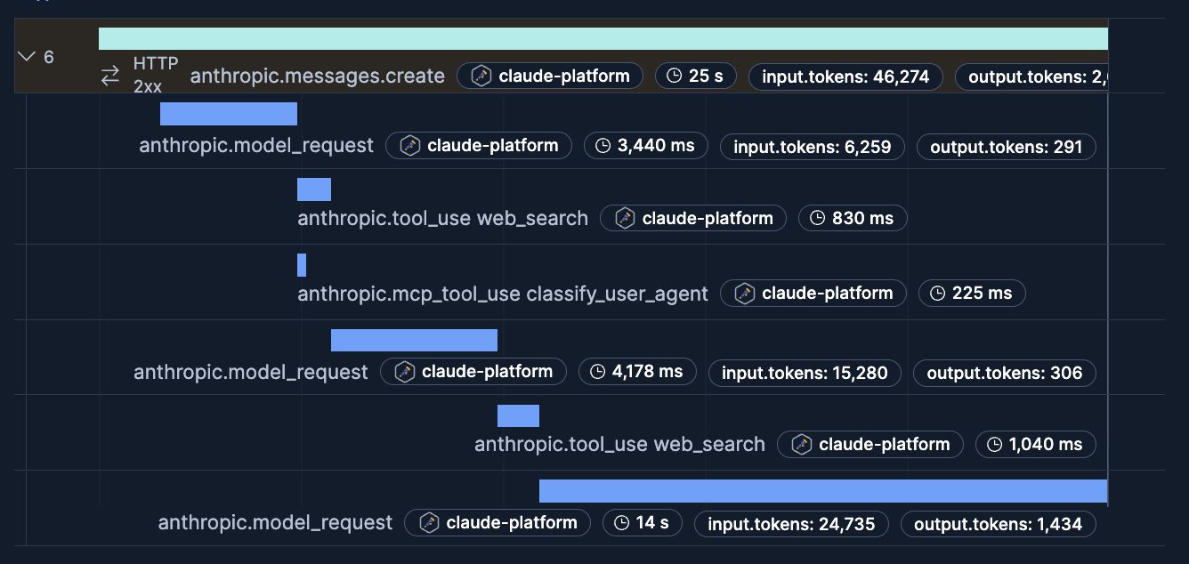 Trace spans for one claude-platform turn, including model requests, a tool call, and an MCP call