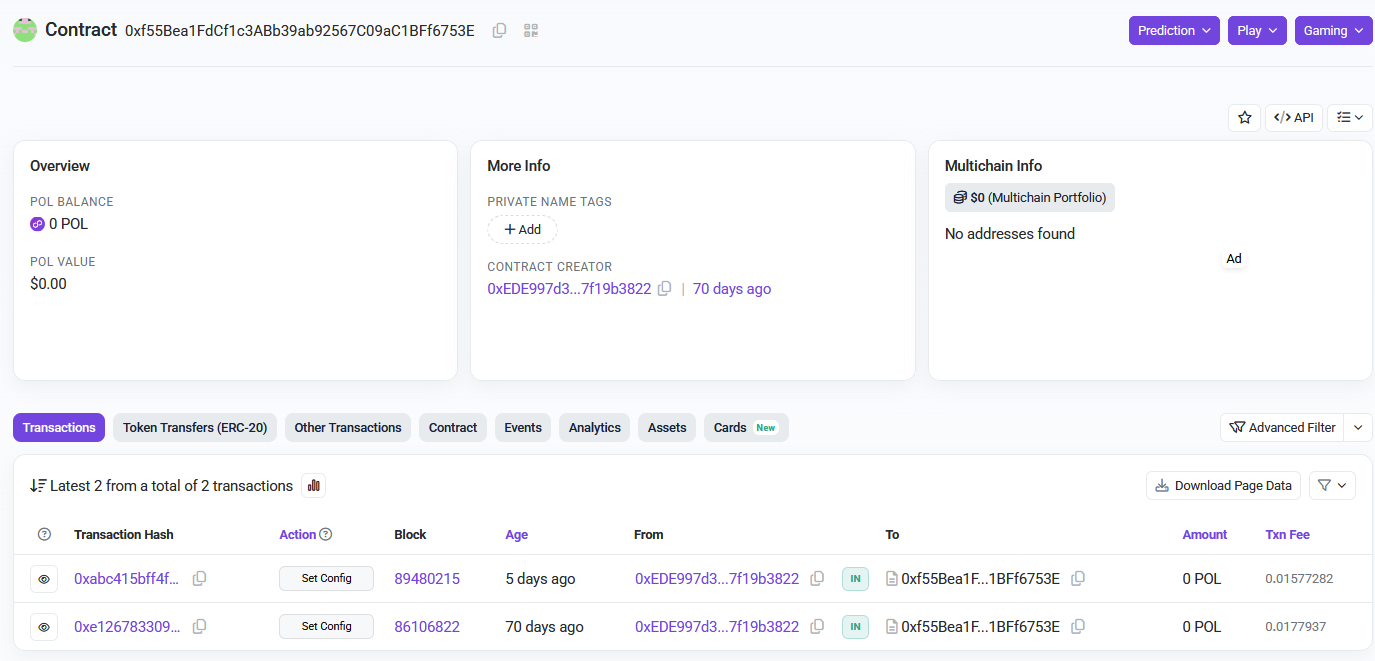 Polygon blockchain smart contract explorer showing TELEPUZ C2 retrieval mechanism with 70-day transaction history
