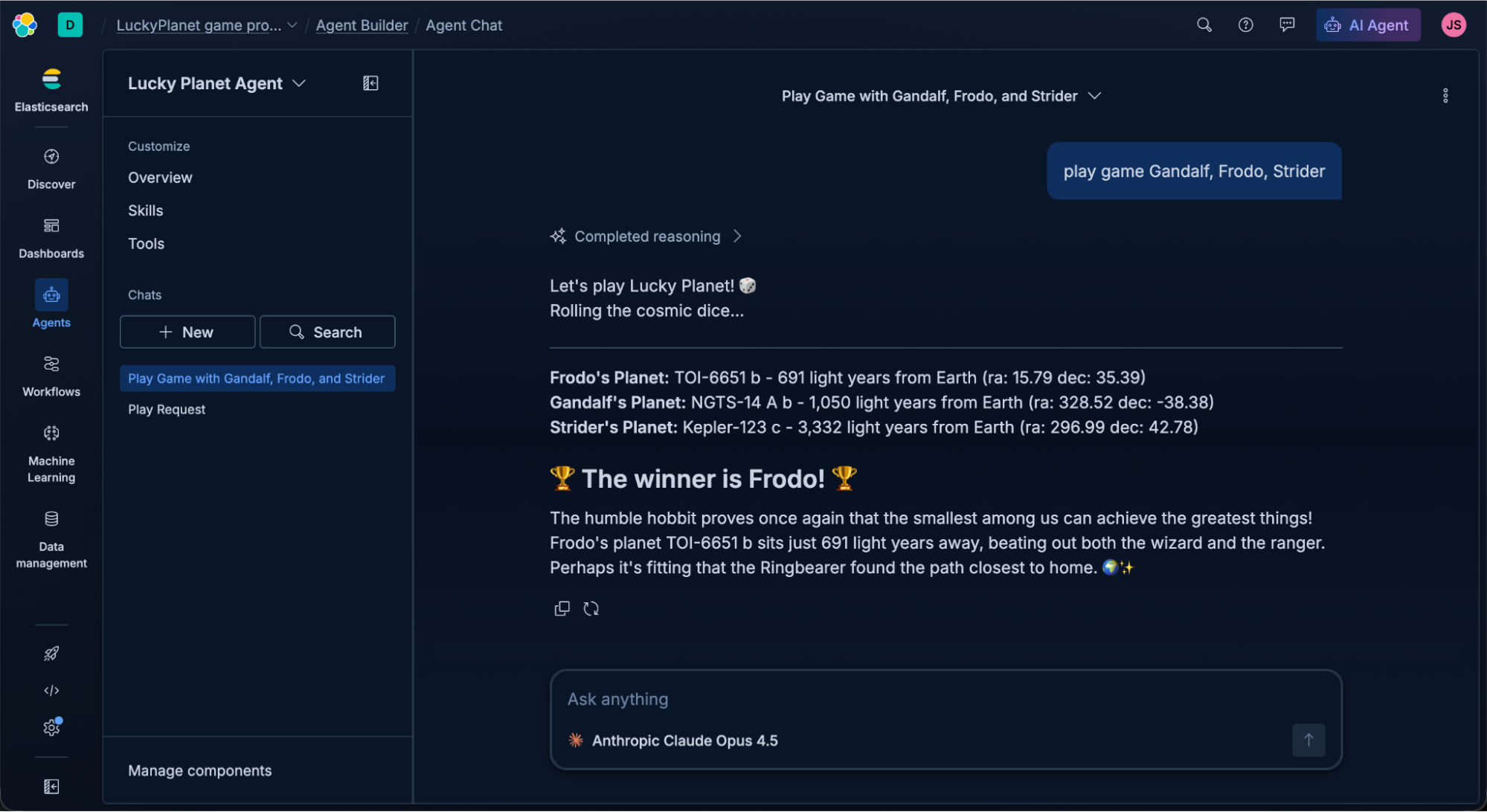 Screenshot of the Elastic AI Agent “Agent Chat” interface in dark mode, showing a conversation where the user plays a game with Gandalf, Frodo, and Strider. The chat displays the agent’s completed reasoning, listing each character’s assigned planet with distances from Earth and coordinates. The message announces Frodo as the winner and includes a short narrative celebrating his victory.