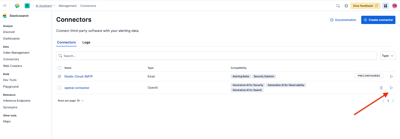 How to test a connector in Kibana.