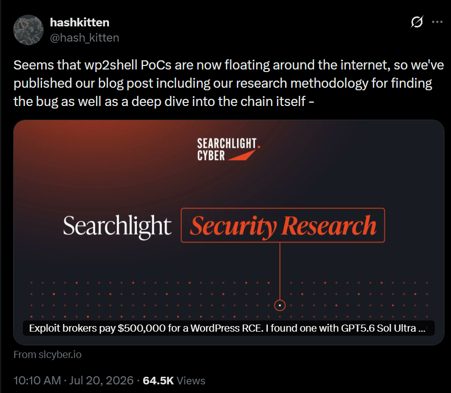 Tweet from hashkitten announcing the Searchlight Cyber wp2shell research