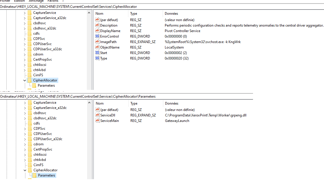 TELEPUZ CipherAllocator service registration in Windows registry with ServiceDll and ServiceMain parameters