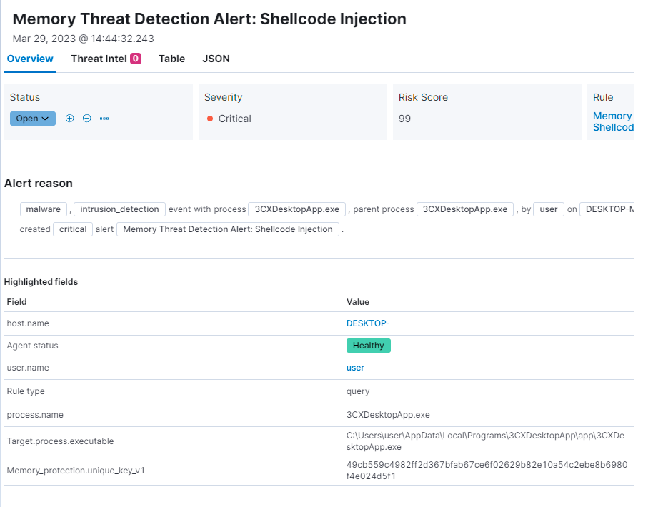 Memory Threat Detection Alert: Shellcode injection