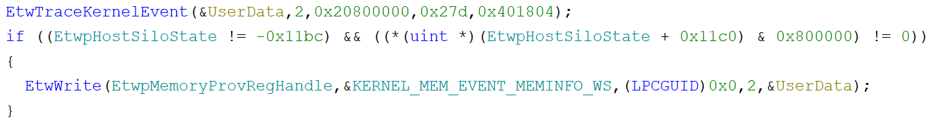 Example legacy provider EtwTraceKernelEvent call in Ghidra