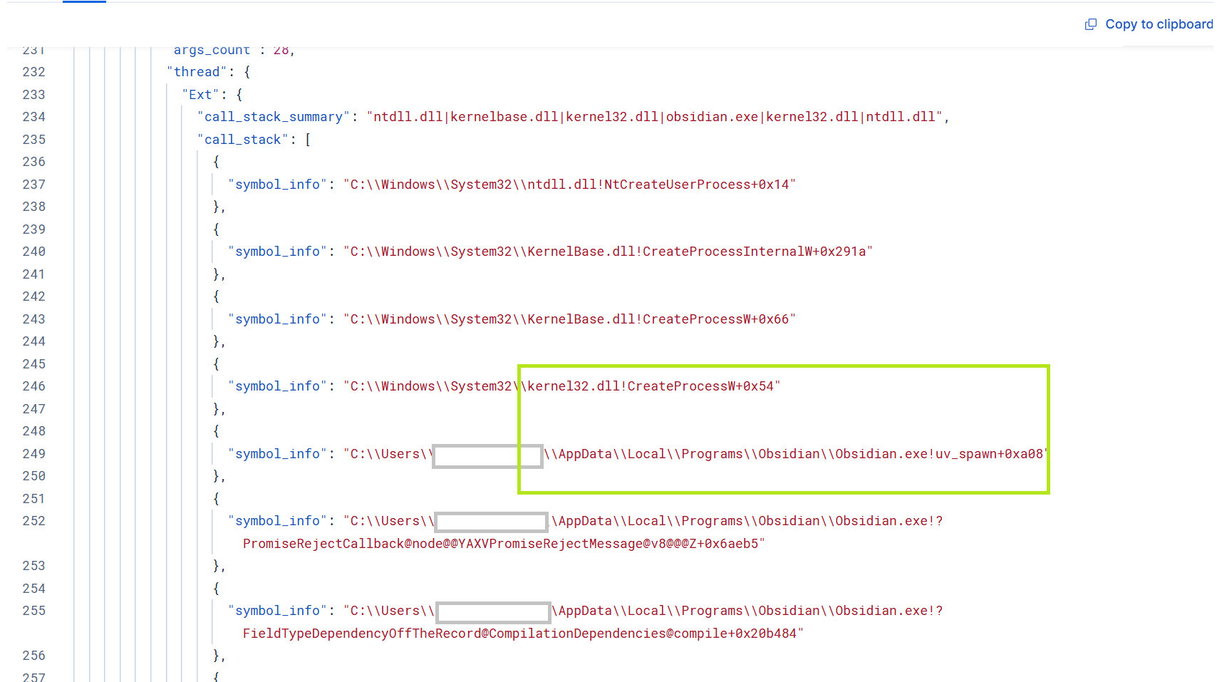 Elastic alert document showcasing the call stack