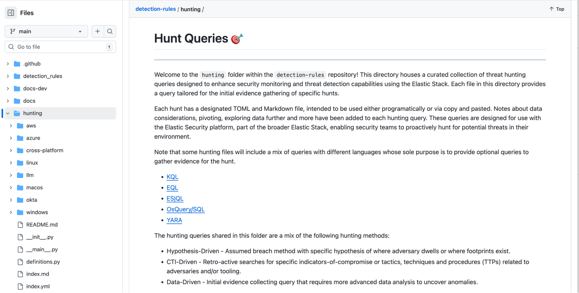 Threat hunt queries section within Elastic’s pre-built detection rules GitHub repository