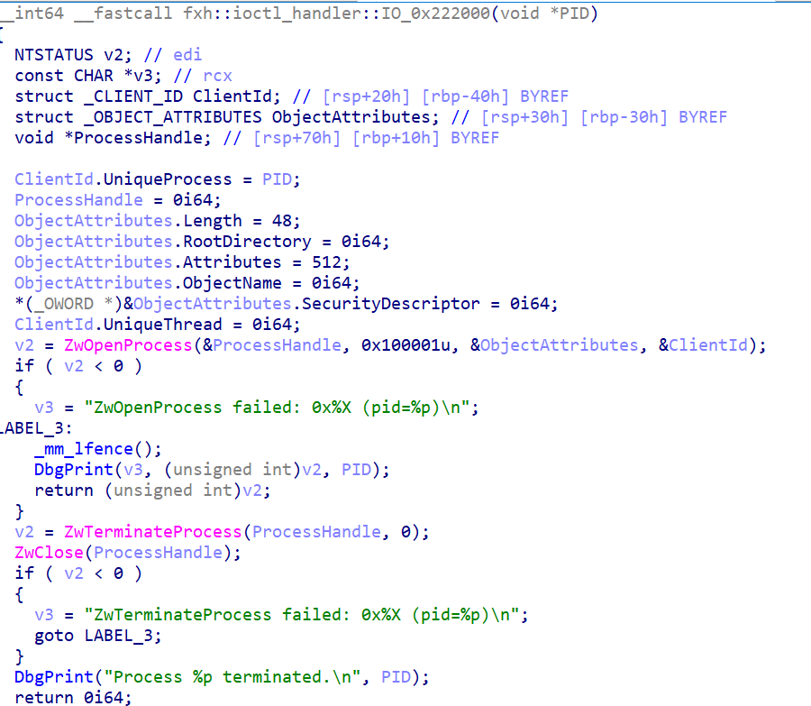 Kernel driver kills a process by PID