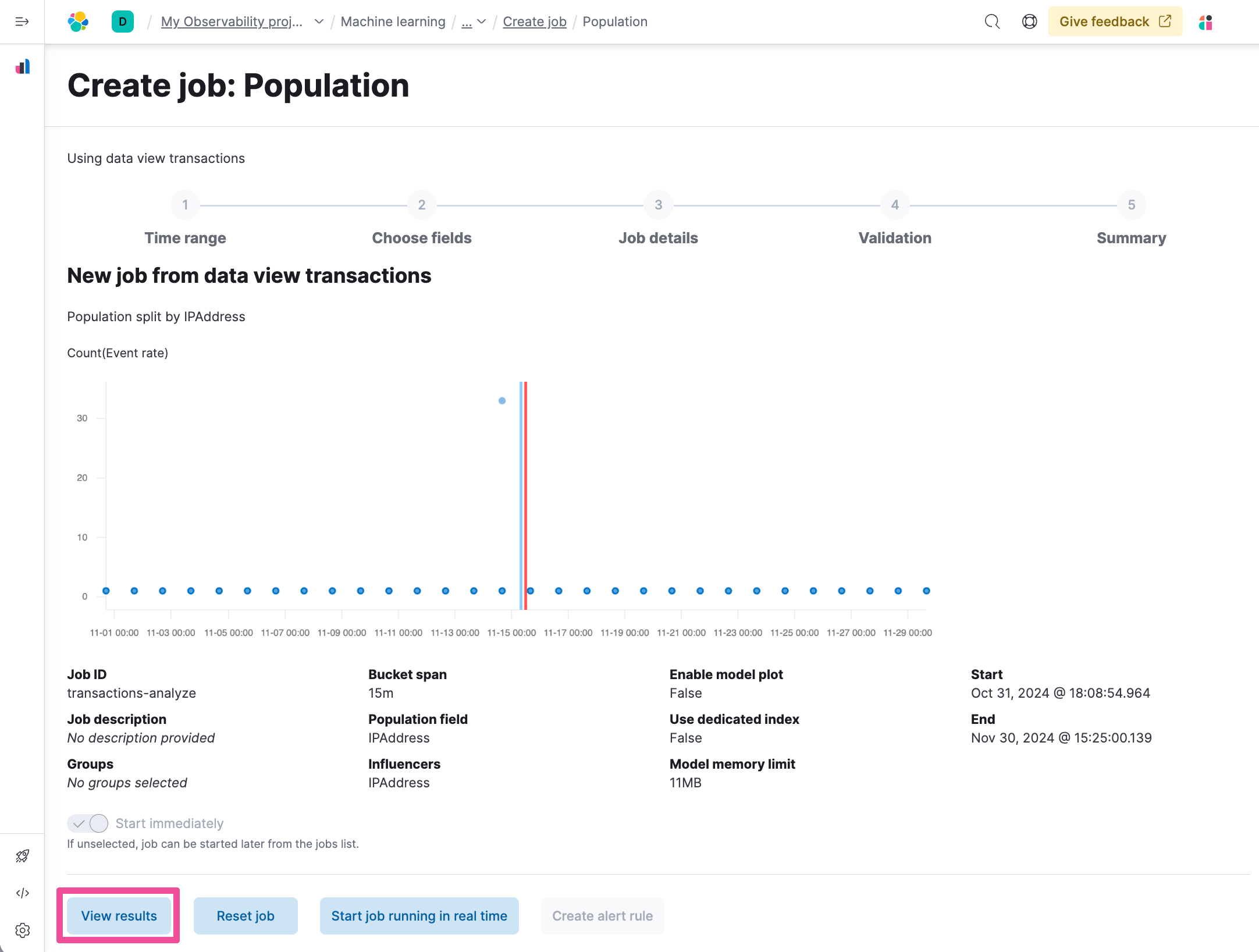 Anomaly detection job view results