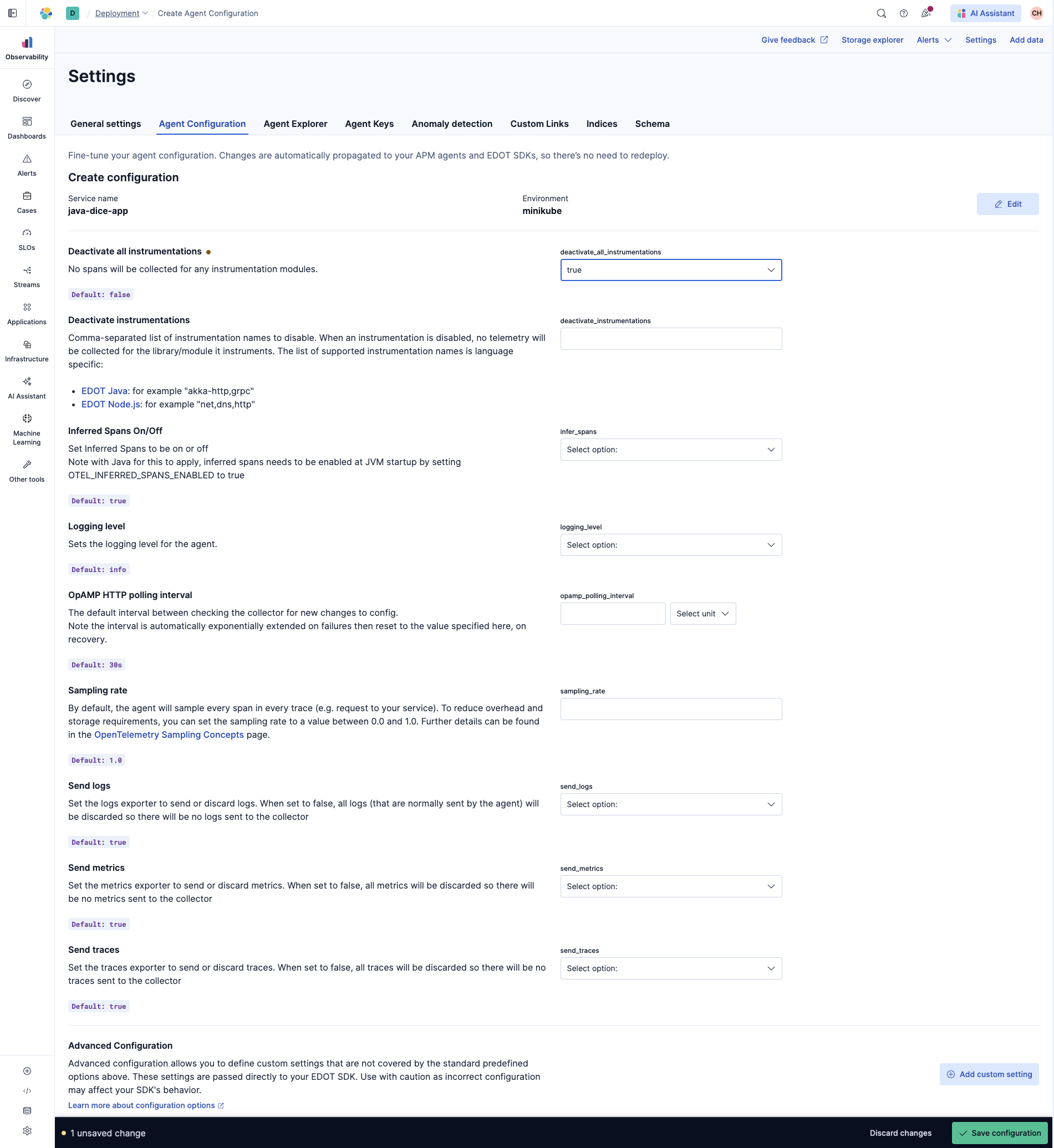 Deactivate all instrumentations of EDOT Java SDK in Kibana