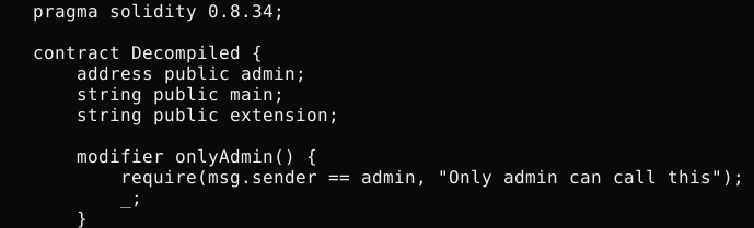 Decompiled Solidity contract used by KREMLIN as a dead drop resolver, with admin, main and extension variables