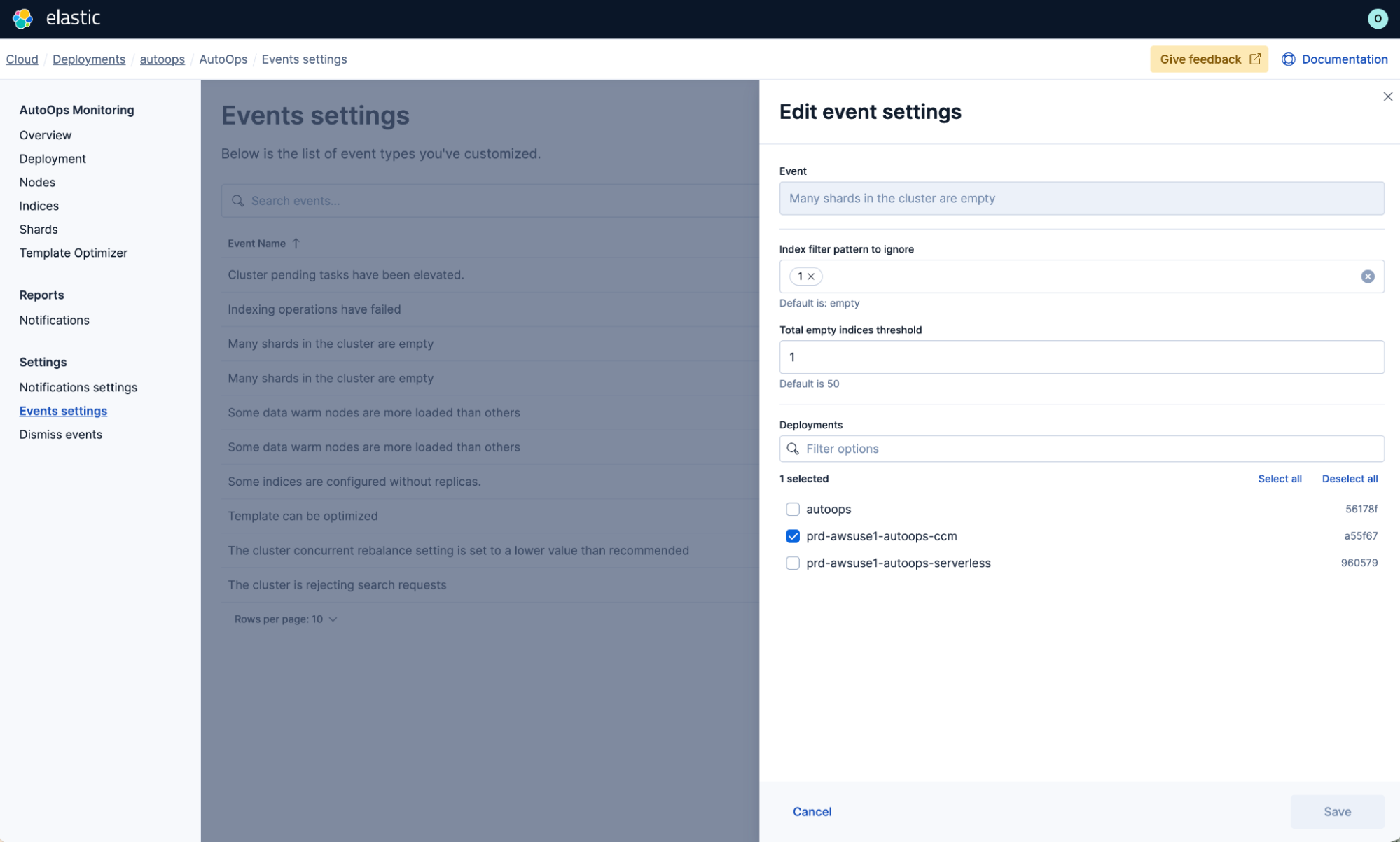 AutoOps Events settings page showing the Edit event settings flyout with index filter pattern, empty indices threshold, and per-deployment configuration options