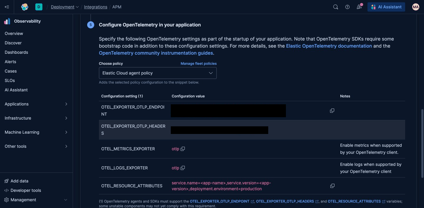 Kibana APM integration page showing OpenTelemetry configuration settings for search API instrumentation