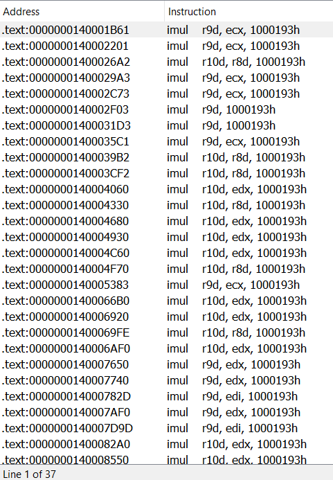 Occurrences of value 0x1000193