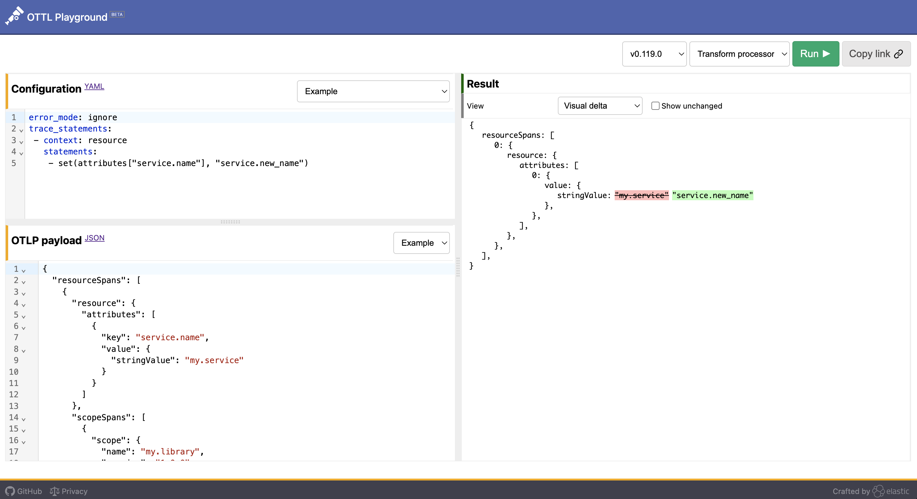 OTTL Playground result example