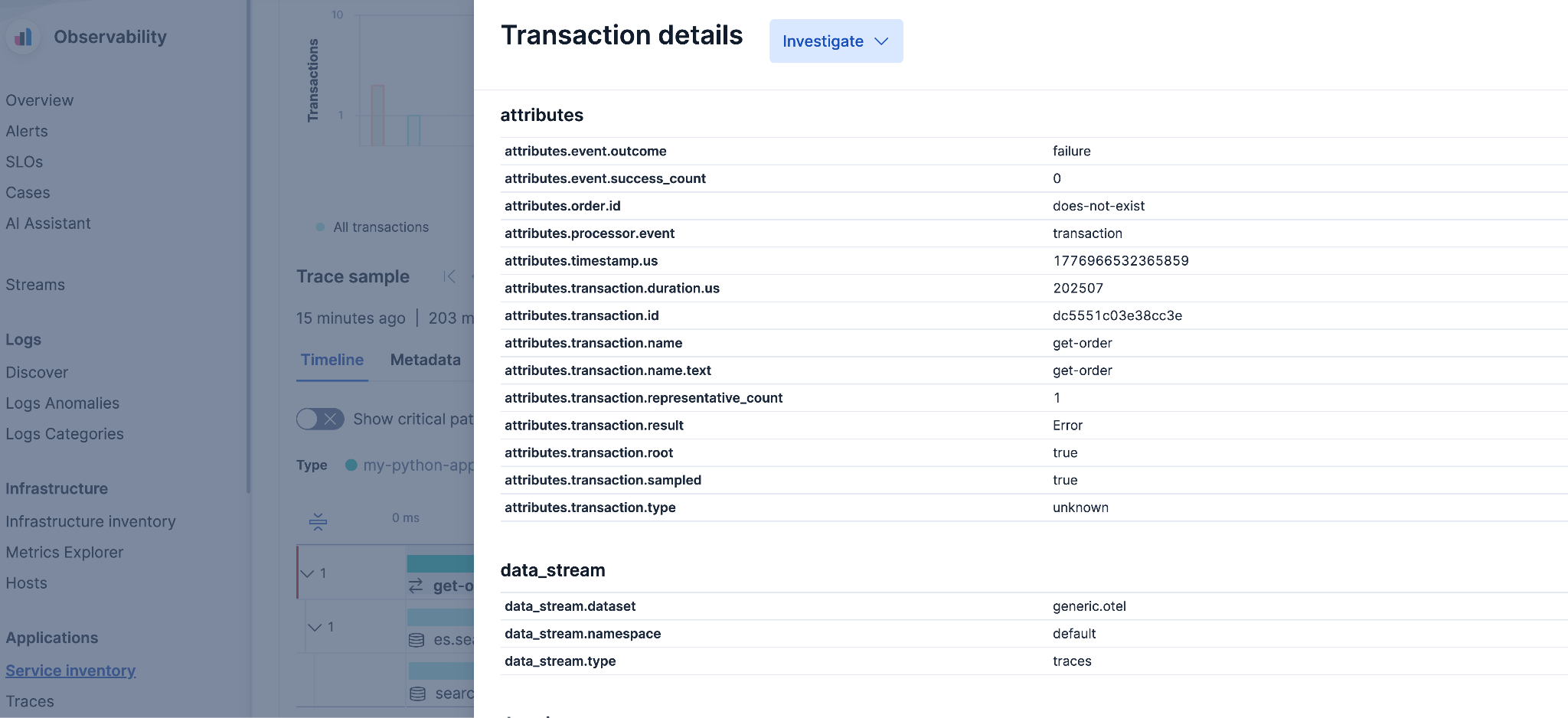Transaction details panel showing event.outcome failure and the order.id attribute