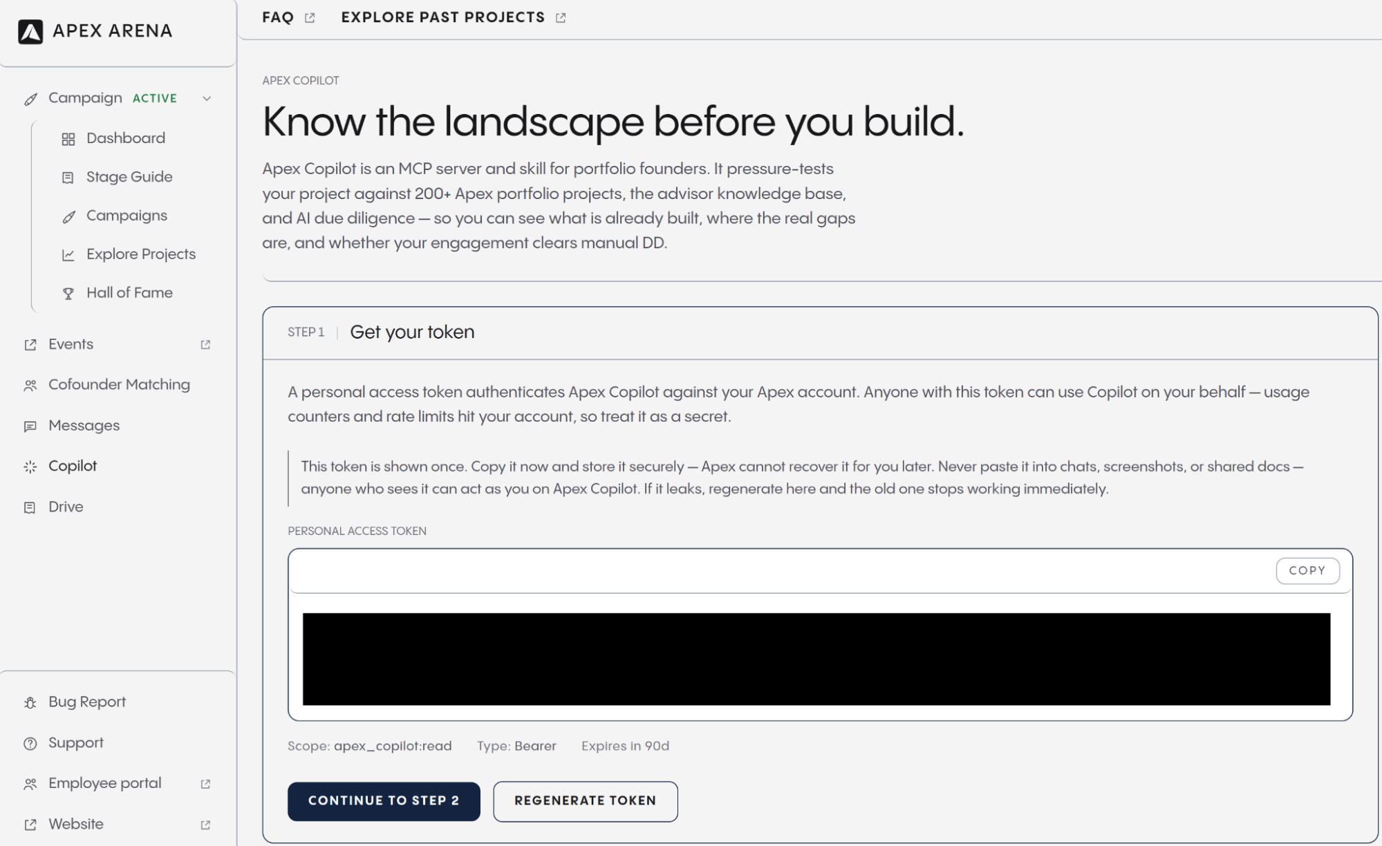 Apex Arena dashboard issuing the personal access token that routes agent LLM traffic to the attacker