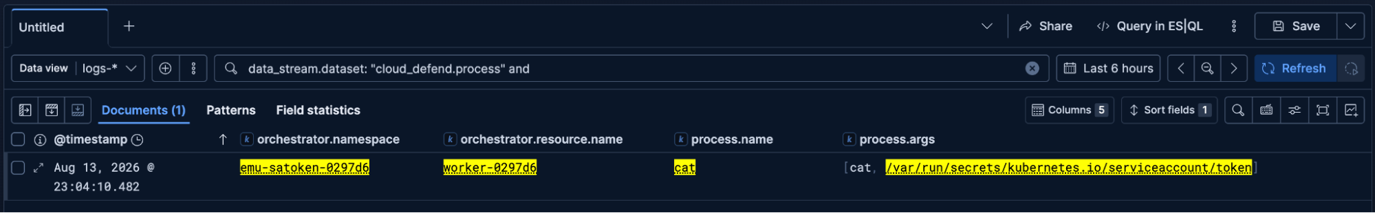 Foothold pod process event where process.args shows cat reading the projected service account token path