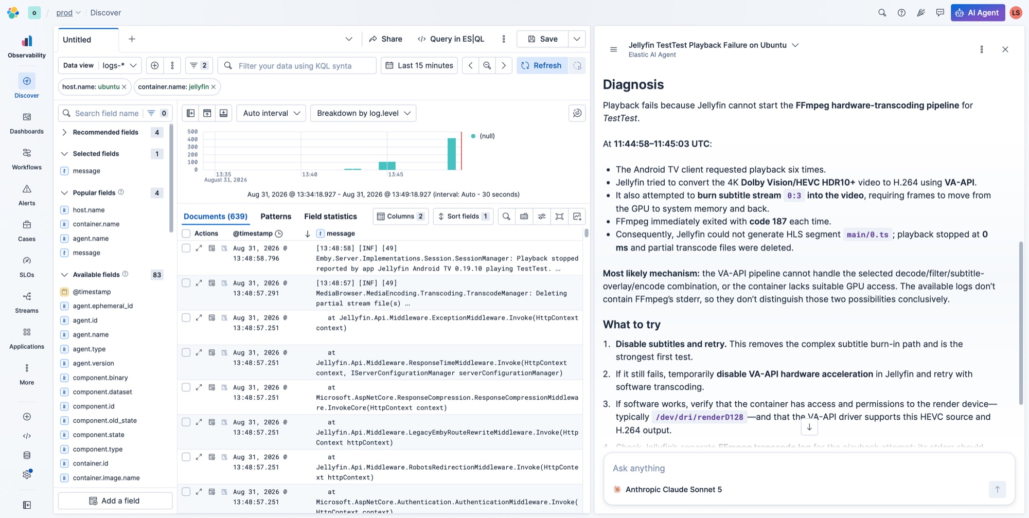AI Agent panel in Kibana Discover diagnosing a Jellyfin playback failure from rootless Podman container logs, identifying a failing FFmpeg hardware-transcoding pipeline and suggesting verification steps