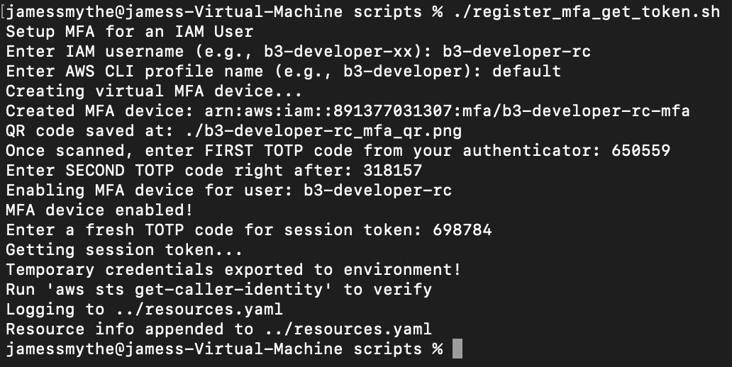 Registering our MFA device for the developer and retrieving user session token via shellscript