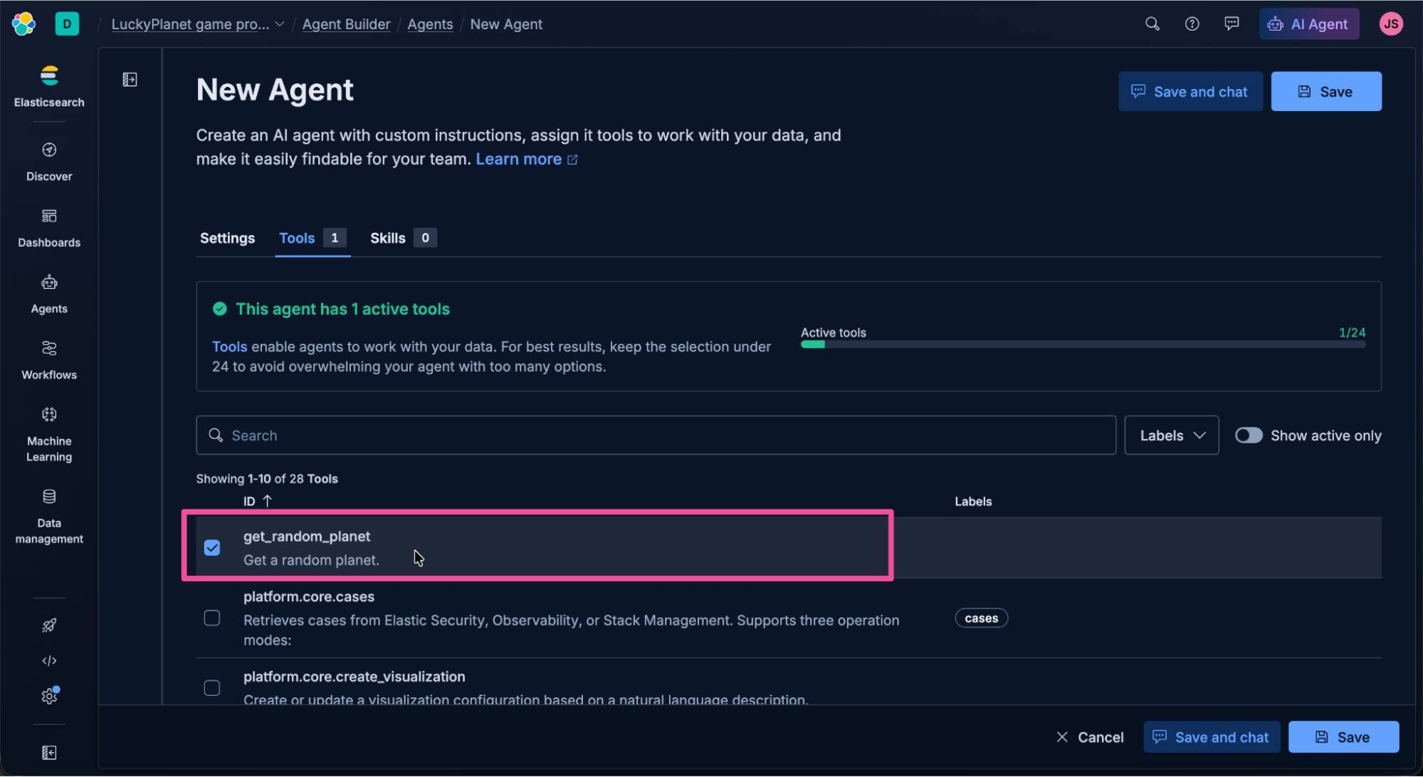Screenshot of the Elastic AI Agent “New Agent” interface in dark mode, showing the Tools tab with a list of available Elasticsearch operations. The layout includes a highlighted message indicating one active tool and a progress indicator. The left sidebar includes navigation options, like Discover, Dashboards, Agents, Workflows, Machine Learning, and Data management. The focus is on the selected tool entry in the list "get_random_planet."