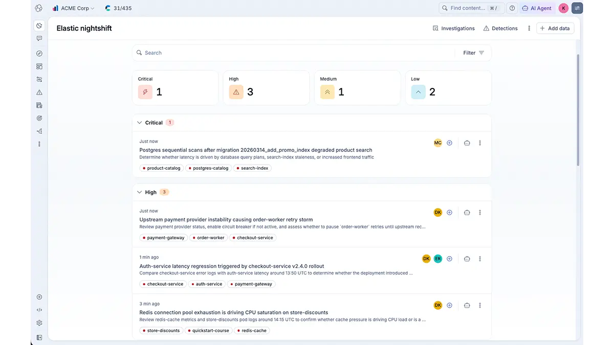 Elastic nightshift AI SRE requires zero manual configuration. It finds the "unknown unknowns" in your environment so you can detect and react to events before they become incidents.