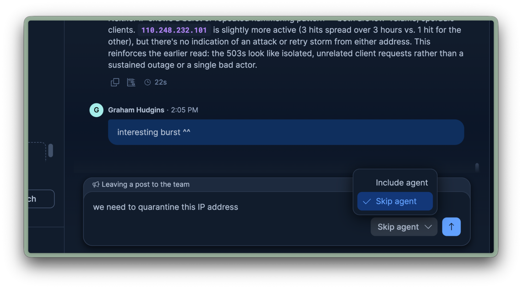 Leaving a team note in a shared Agent Builder conversation using the Skip agent option in Kibana