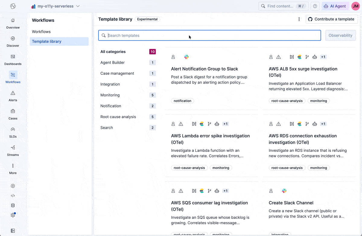 Browsing and installing AWS root cause analysis workflows from the Elastic Workflow Template Library in Kibana