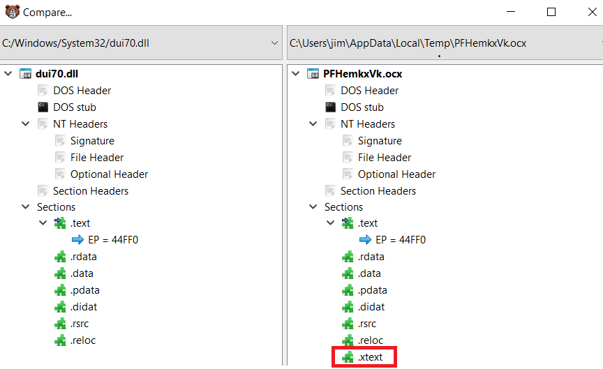 New section highlighted via PE Bear
