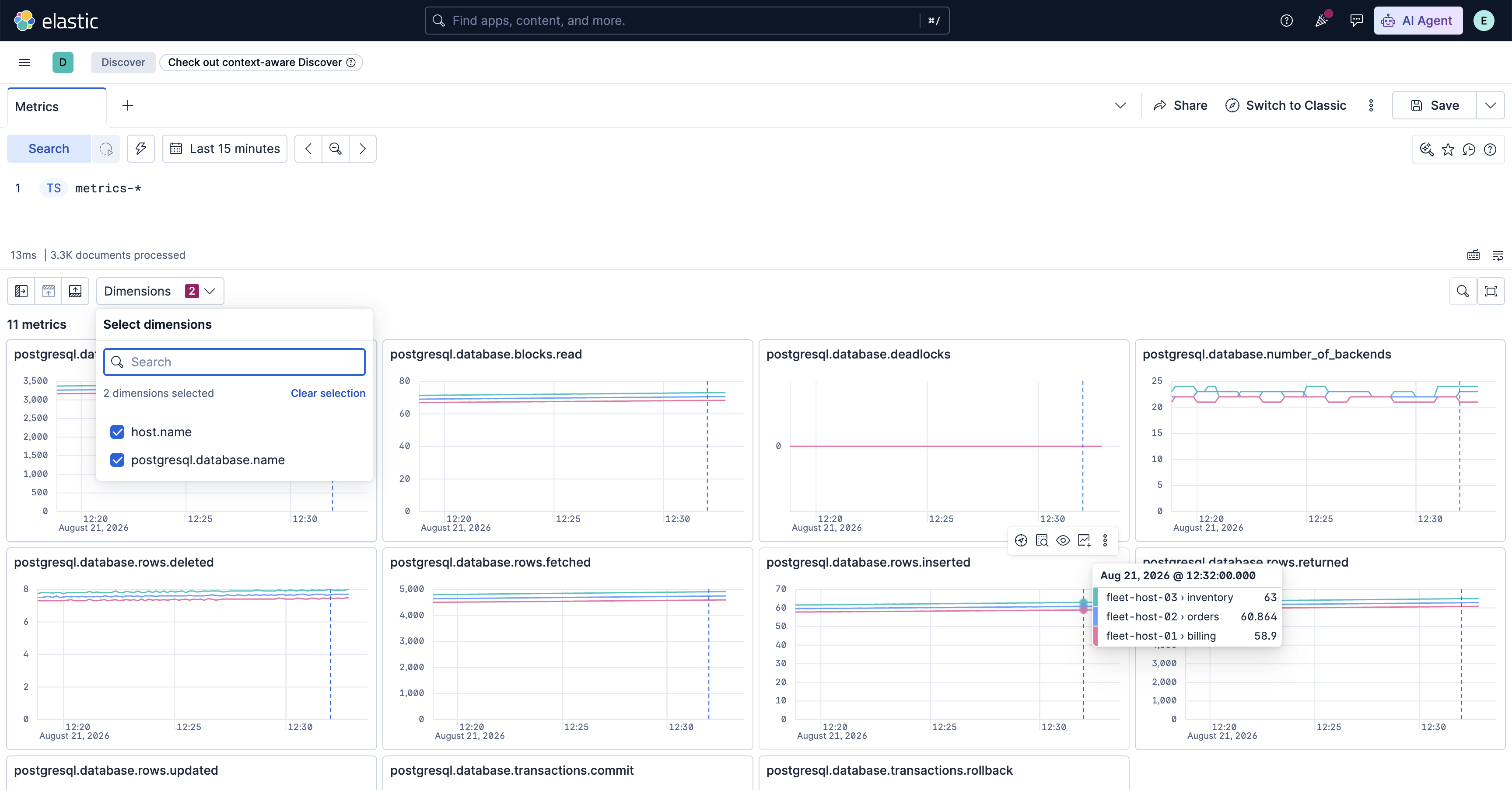 Dimensions dropdown in the Kibana Discover metrics experience filtering the inventory and splitting charts by host.name
