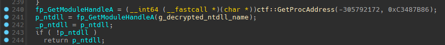TELEPUZ GetModuleHandle and GetProcAddress dynamically loading ntdll.dll to extract syscall numbers for indirect syscall engine initialization