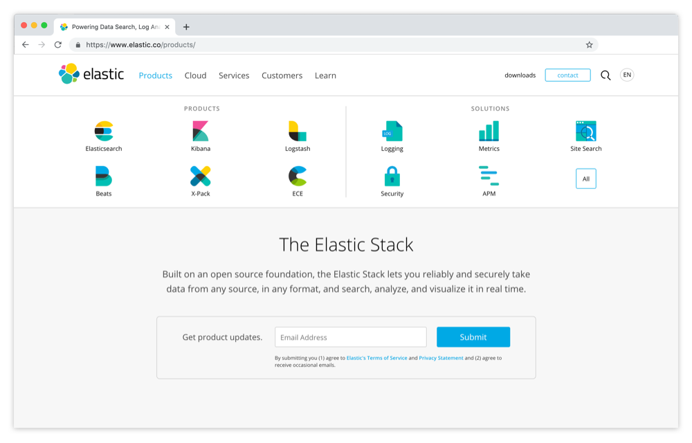 The Elastic Product page in early 2018