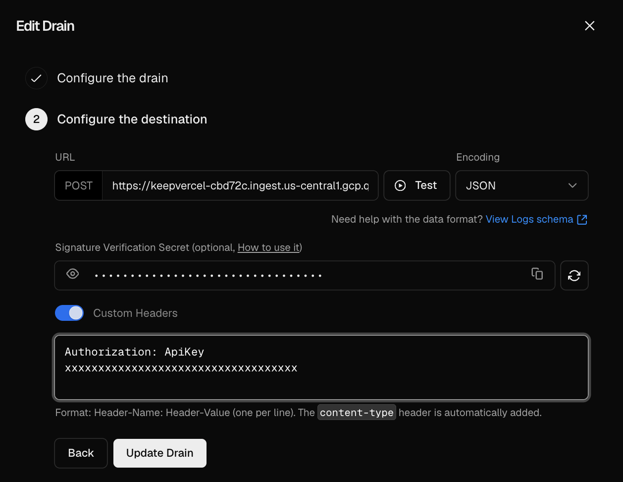 The destination URL and Authorization header are all it takes – Elastic handles everything from here.