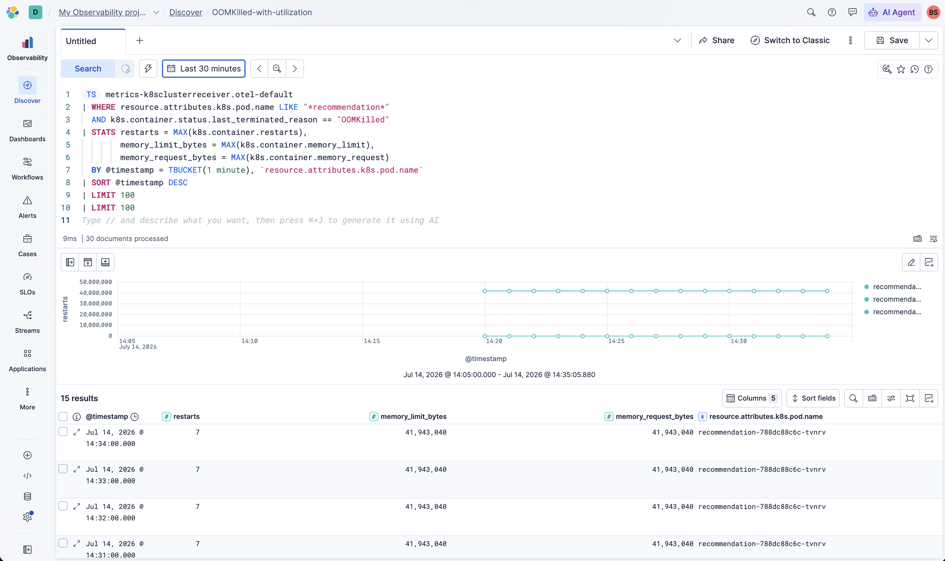 Discover in Elastic running a TS ES|QL query