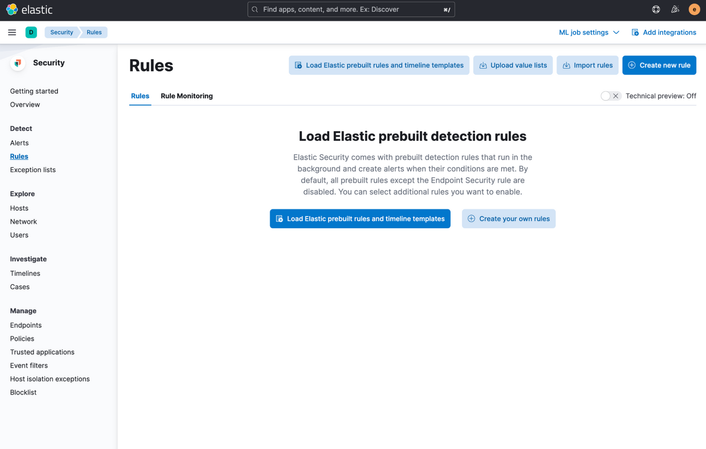 In order to enable and use the installed rules, you can navigate to Security > Rules and select Load Elastic prebuild rules and timeline templates.
