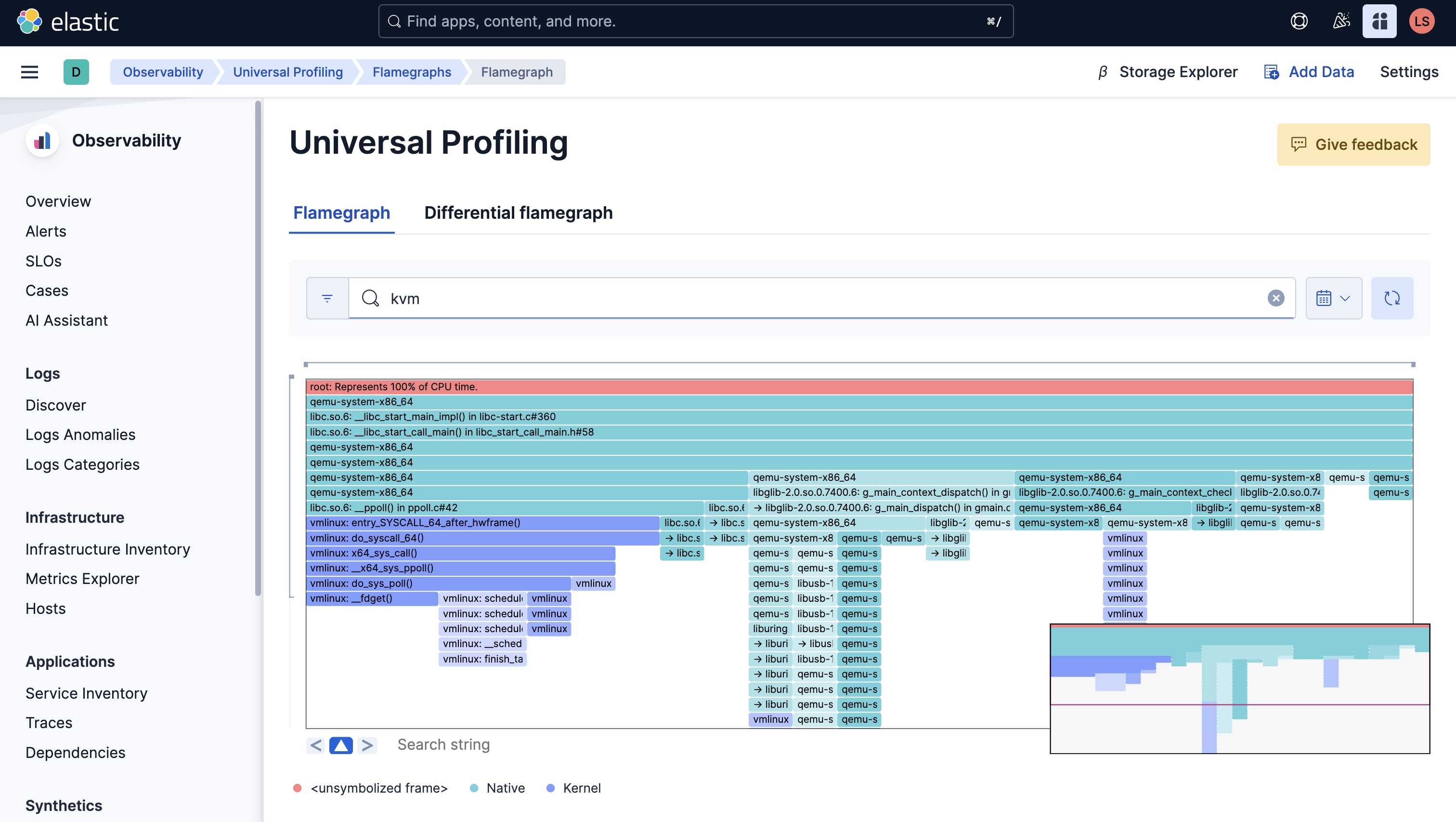 The Universal Profiling > Flamegraph Kibana page for our Proxmox host