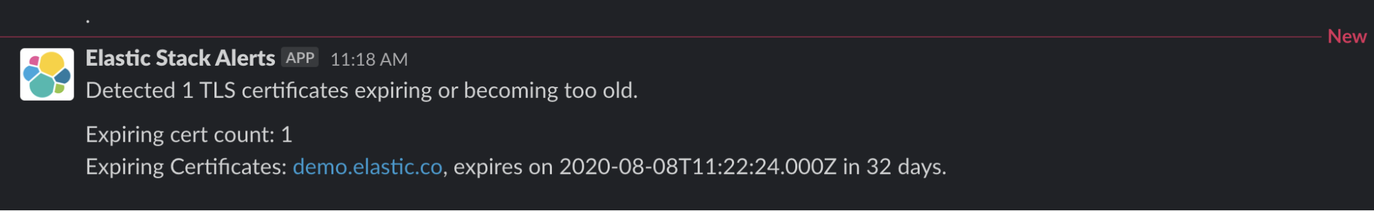 A Slack notification showing that a certificate is expiring