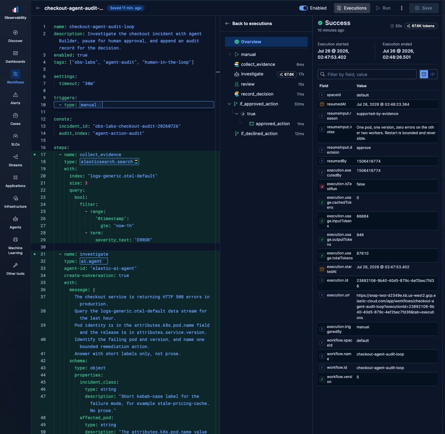 Workflow execution record showing resumedBy, resumeInput, and per-step token usage