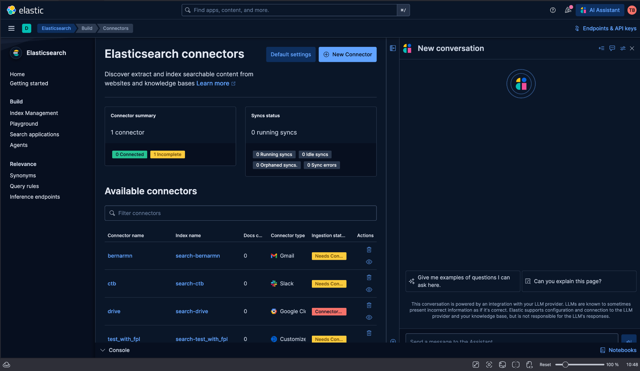 Stack Management connectors page showing external data source connector setup