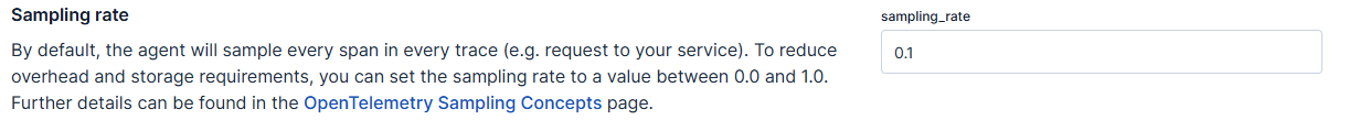 Using the Elastic APM UI to set the Java agent sampling rate 0.1 (10%)