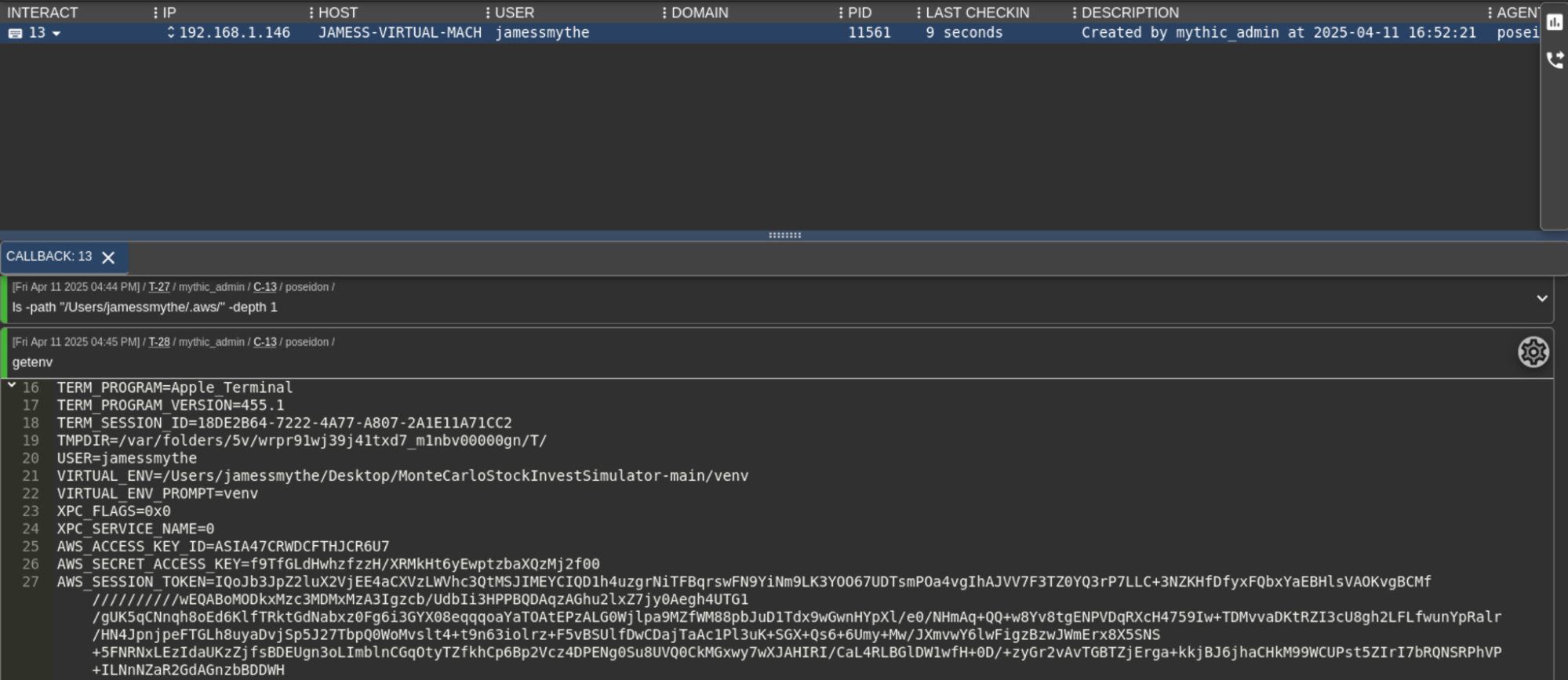MythicC2 getenv command output