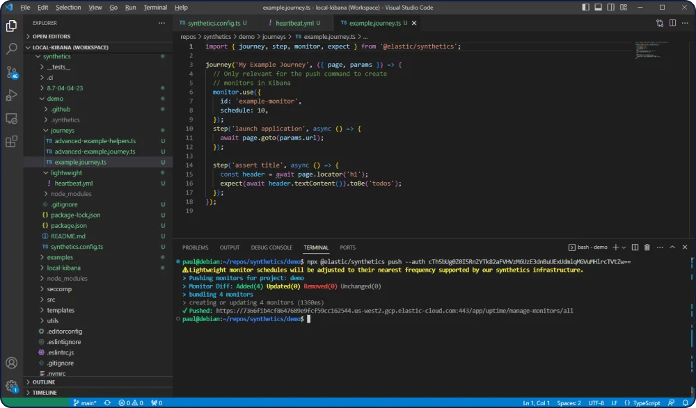 Monitors can also be written as code in a Synthetic project and pushed to deploy new user journey code.