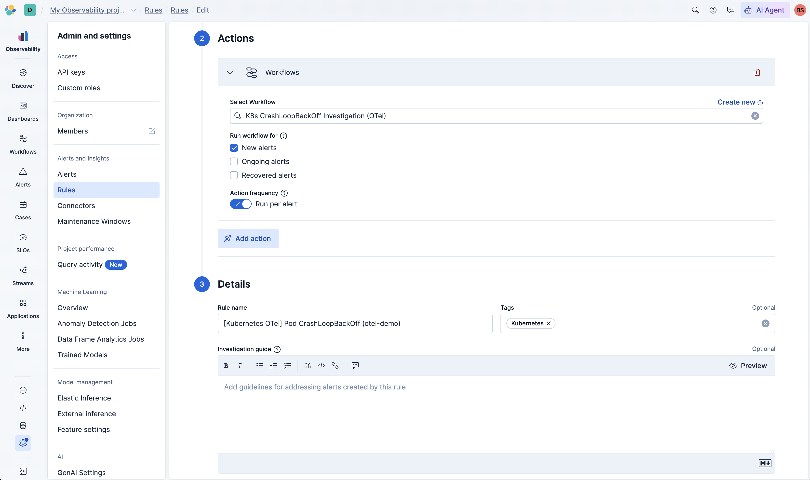 CrashLoopBackOff alert rule configuration in Elastic