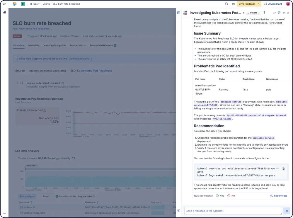 The Elastic AI Assistant for Observability helps you spot infrastructure anomalies, interpret system events, and troubleshoot issues.